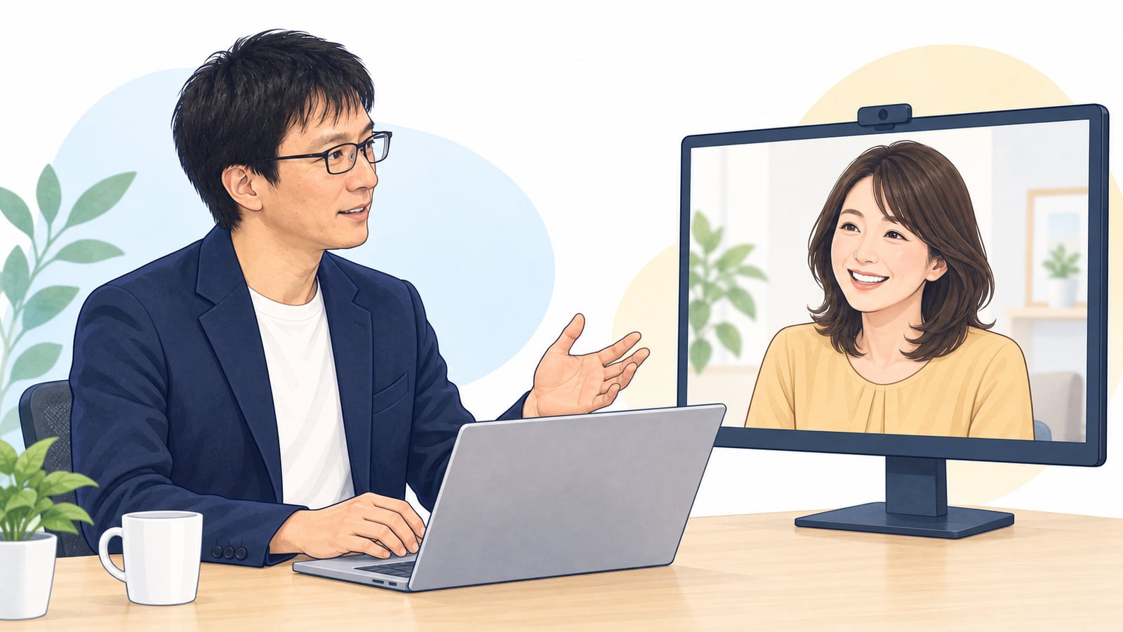 室井利寛をモデルにした講師が、画面越しに相談者と話すオンライン相談のイラスト